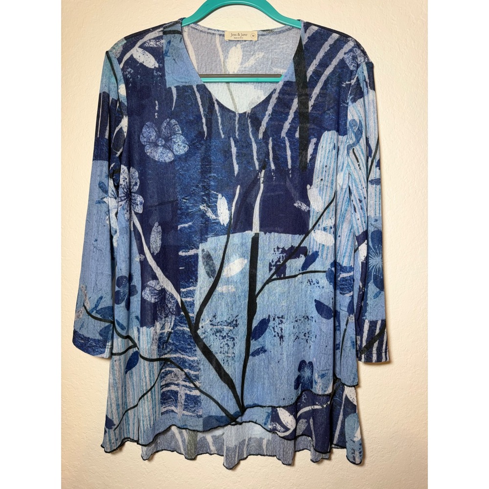 Jess & Jane Blue Abstract Floral Burnout Tunic Top V-Neck 3/4 Sleeve Medium